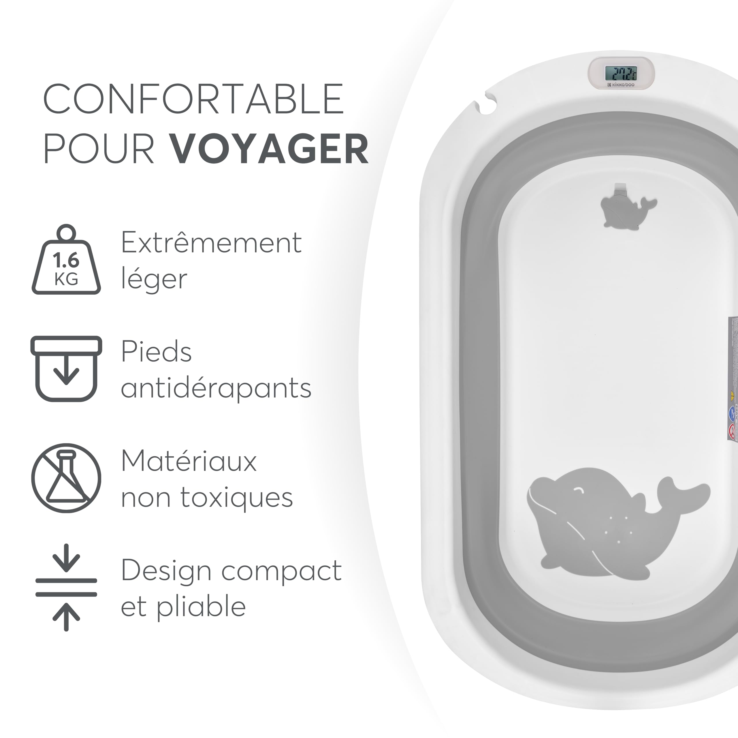 KikkaBoo Baignoire Bébé WILLY Pliable avec Thermomètre Intégré, Coussin Doux, Antidérapant, Matériau Non Toxique, Gris