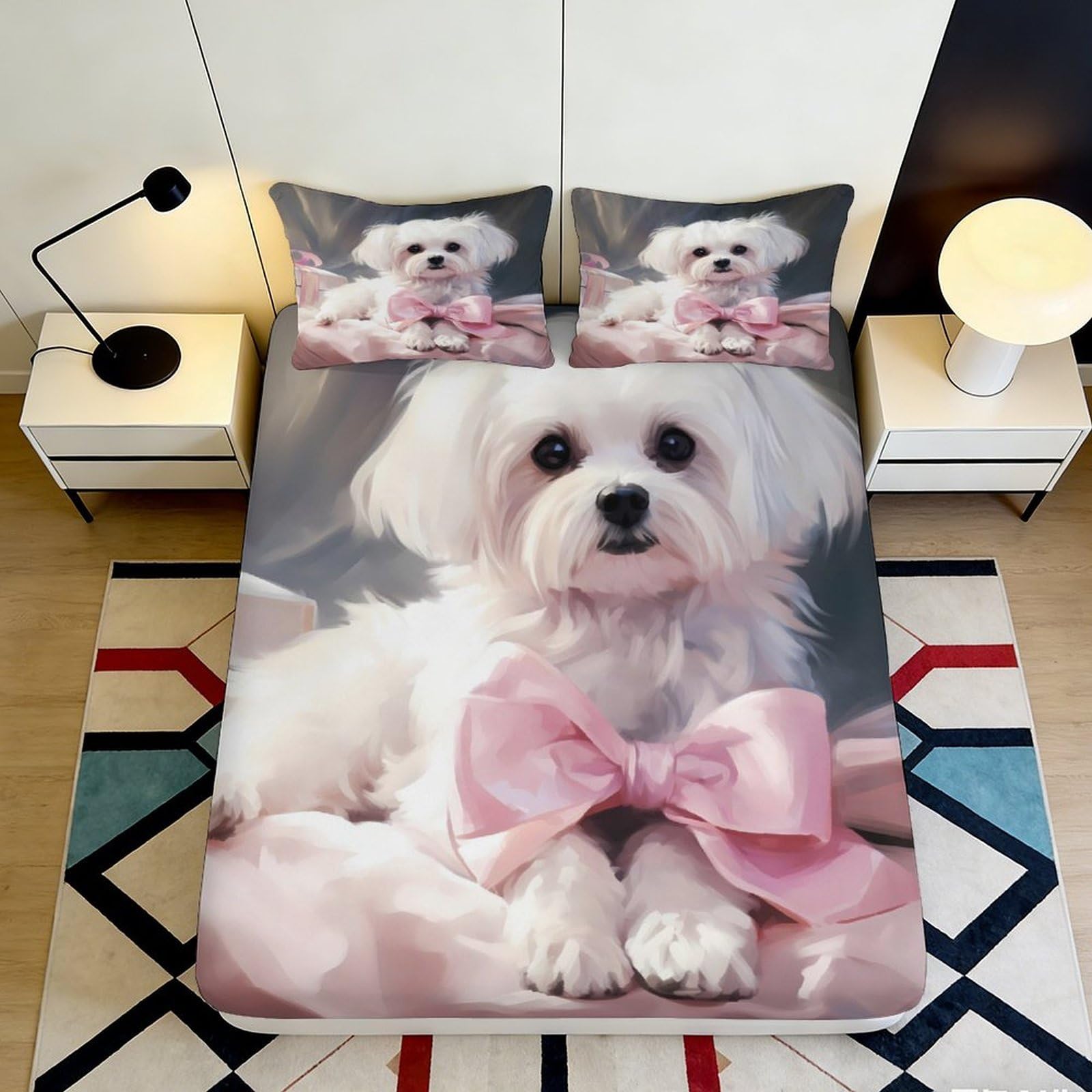 3D Printed Cute Dog Fitted Sheet Microfiber Deep Pocket Non-Slip Bedroom Bedding Puppy Theme Mattress Fitted Cover Washable for Adults Teenagers 140x200x25cm