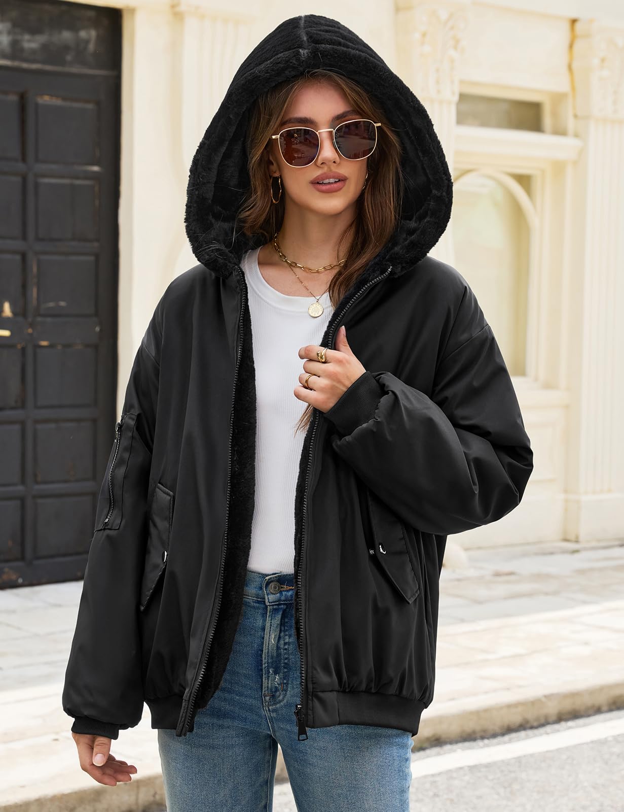 Vancavoo Chaqueta Reversible Mujer de Invierno con Capucha y Pelo Suave | Cazadora Corta con Cremallera, Puños de Canalé y Bolsillos en Ambos Lados para Uso Diario