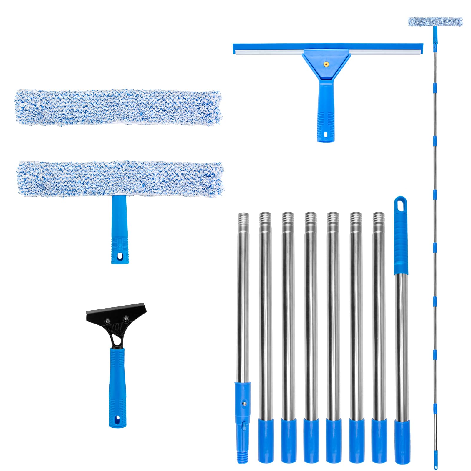 Suzmei Blue 3M Telescopic Window Cleaning Kit - Extendable Pole With 35Cm Squeegee & 38Cm Scrubber For Windows, Shower Glass, Car, Rv,Glass Cleaning Tools With Silicone Squeegee & Microfiber Scrubber (Blue)