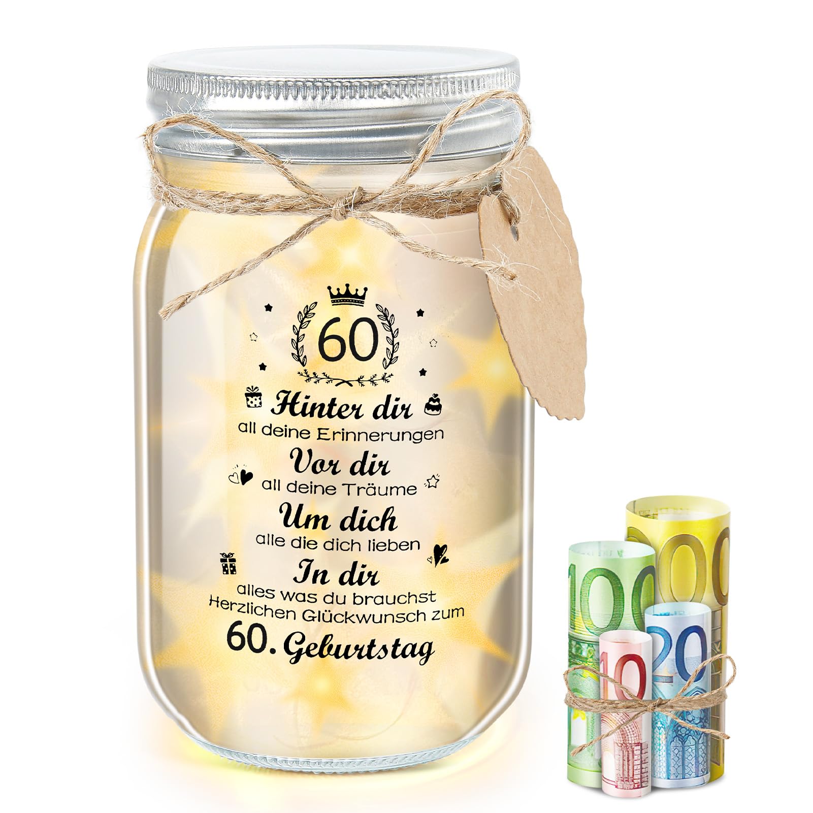 Hyunlai LED Bottle Light Money Gifts Birthday 60, Money Gift 60th Birthday Boy, 60th Birthday Woman Decoration Gift for Woman and Man Birthday Christmas Light Bottle Money Gift