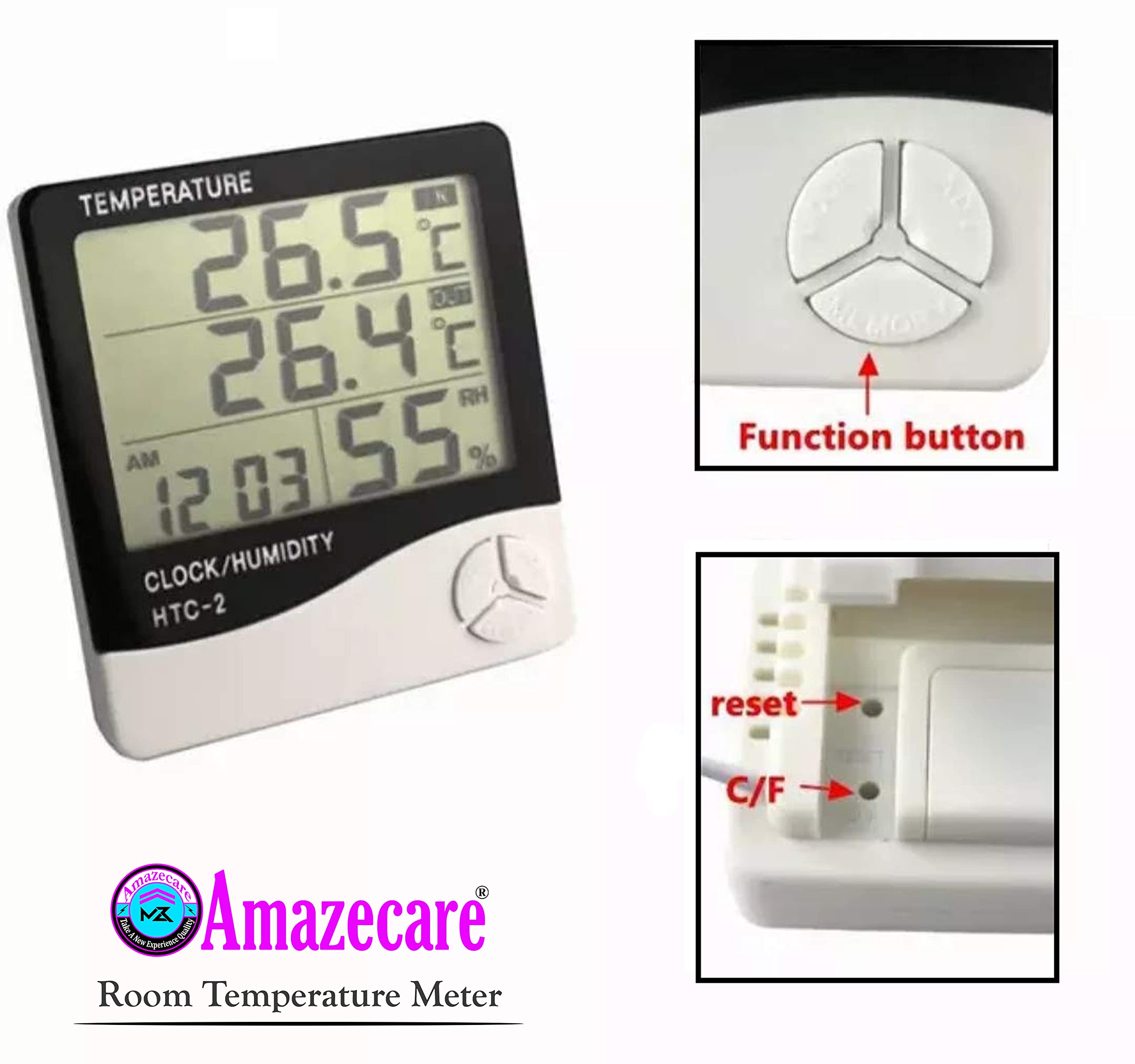 Amazecare Humidity Meter HTC Clock High Accuracy LCD Display Thermometer Hygrometer Thermometer All-in-One Digital Moisture Measurer (HTC-2 Room Temp) 2