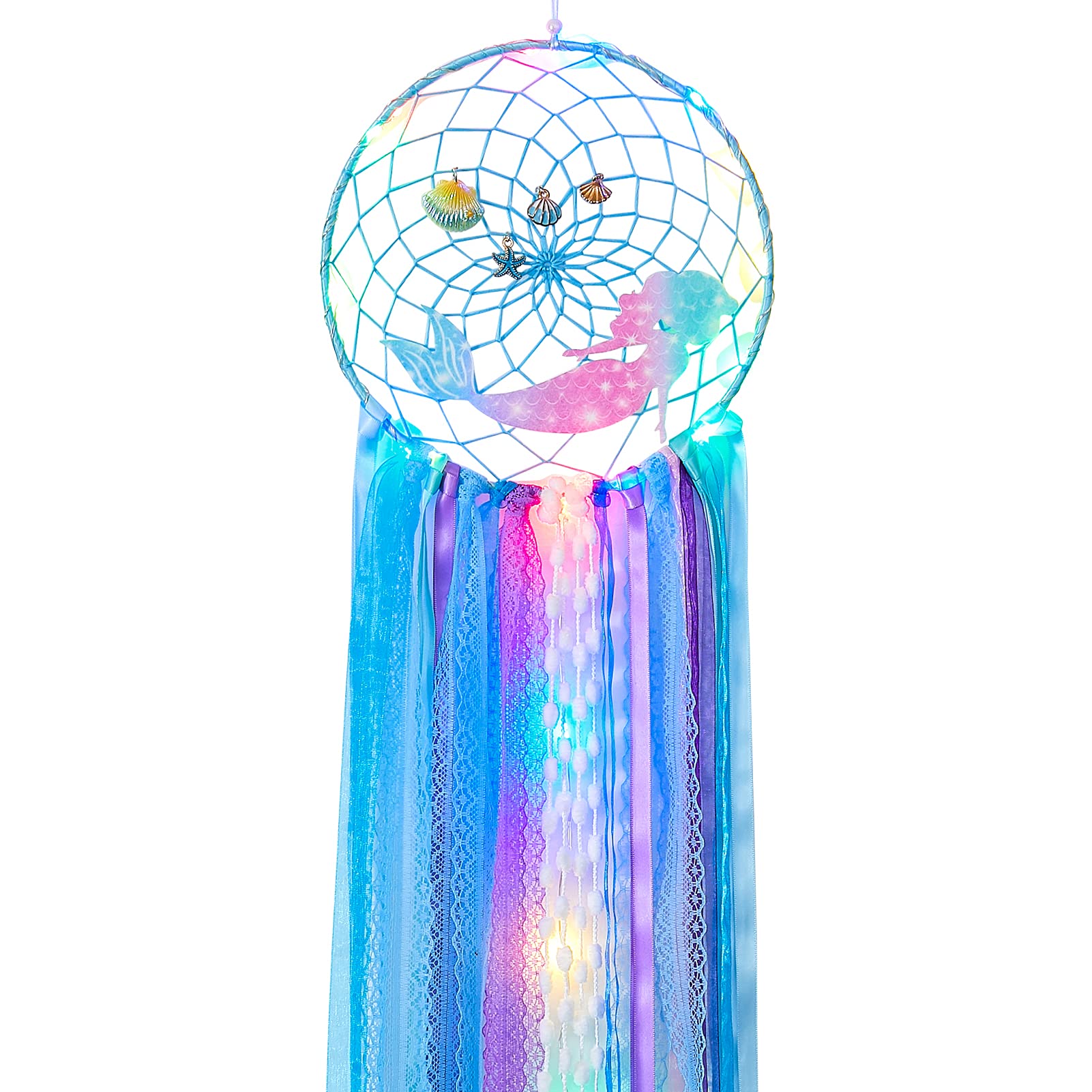 Led Dream Catchers Wall Decor Mermaid Dream Catcher Hanging for Girls Dreamcatcher with Colorful Handmade Feathers and Ribbons for Baby Nursery Room(Blue)
