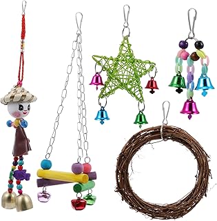 Balacoo 5 Pçs/Set Brinquedo Papagaio Balanço De Metal Rede Balanço Periquito Pássaro Papagaio Brinquedo Mastigar Sino De Natal Pássaro Brinquedos De Madeira Gaiola De Papagaio Brinquedo