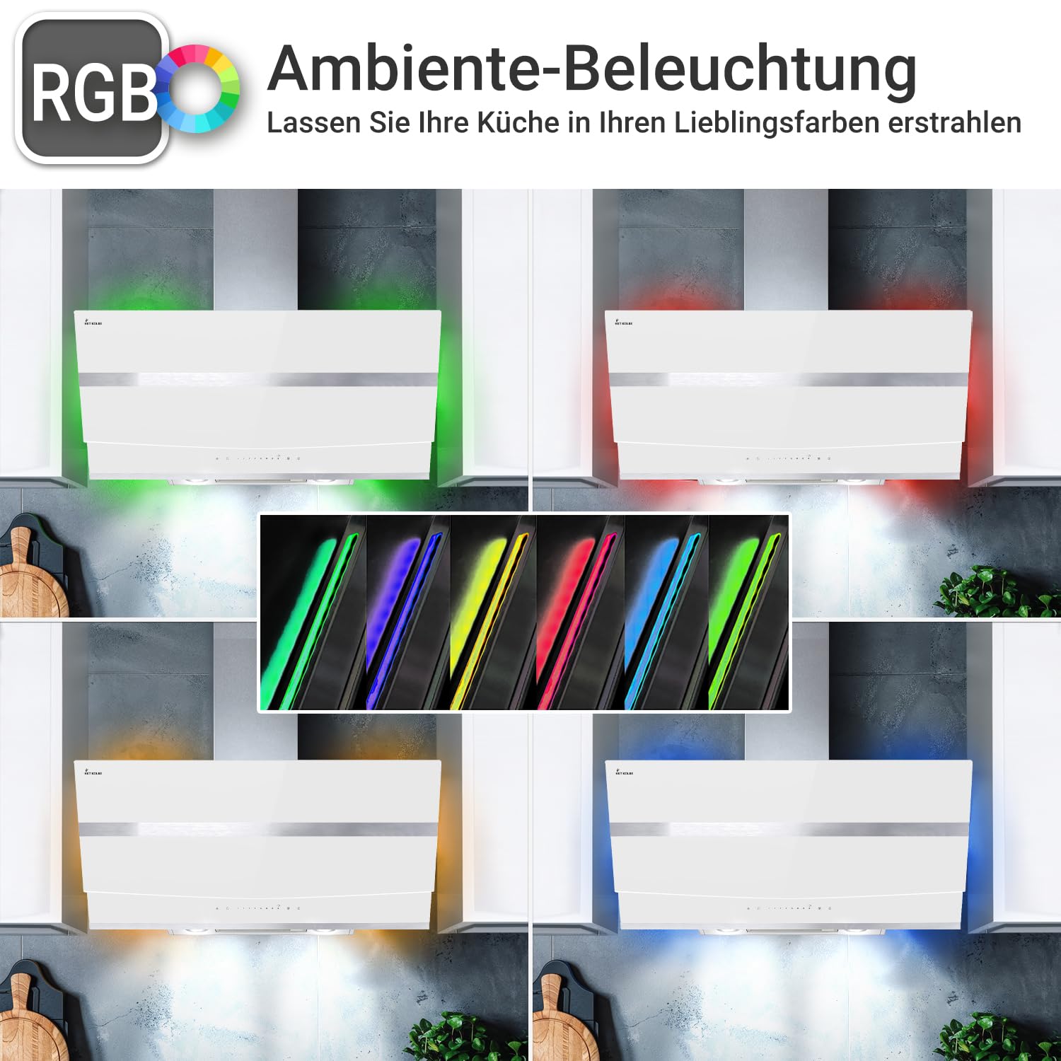 KKT KOLBE Hotte murale inclinée A+++ 80 cm | 782 m³/h recyclage ou évacuation | tête libre | inox et verre blanc | WiFi Smart App | LED RGBW | commande SensorTouch | HERMES8005WM