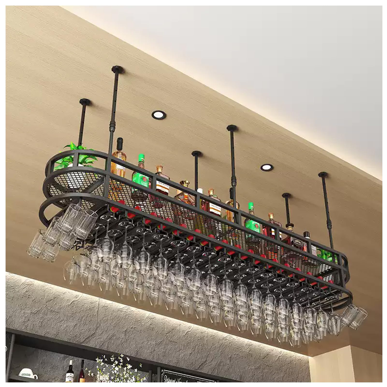 Estante industrial de pared ajustable de hierro de varios niveles con ganchos de vidrio, elegante nizer para cocina, bar, cafetería, color negro (80 x 35 cm)