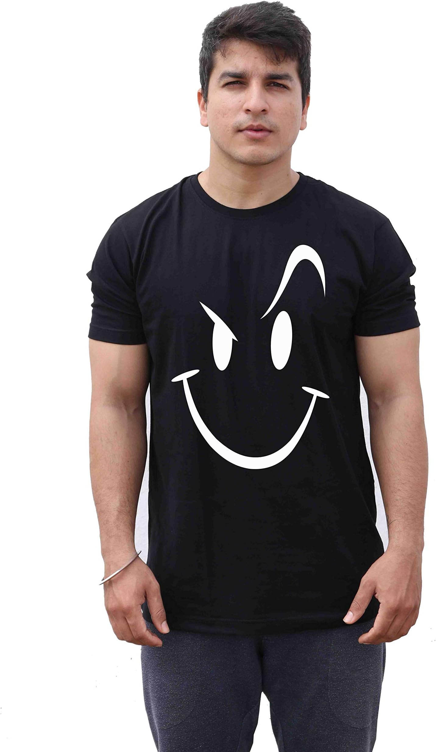 GenericThreadMonk Cotton Men's Smiley Face with Raised Eyebrow Printed Half Sleeves Tshirts Regular Fit (Black, Small)