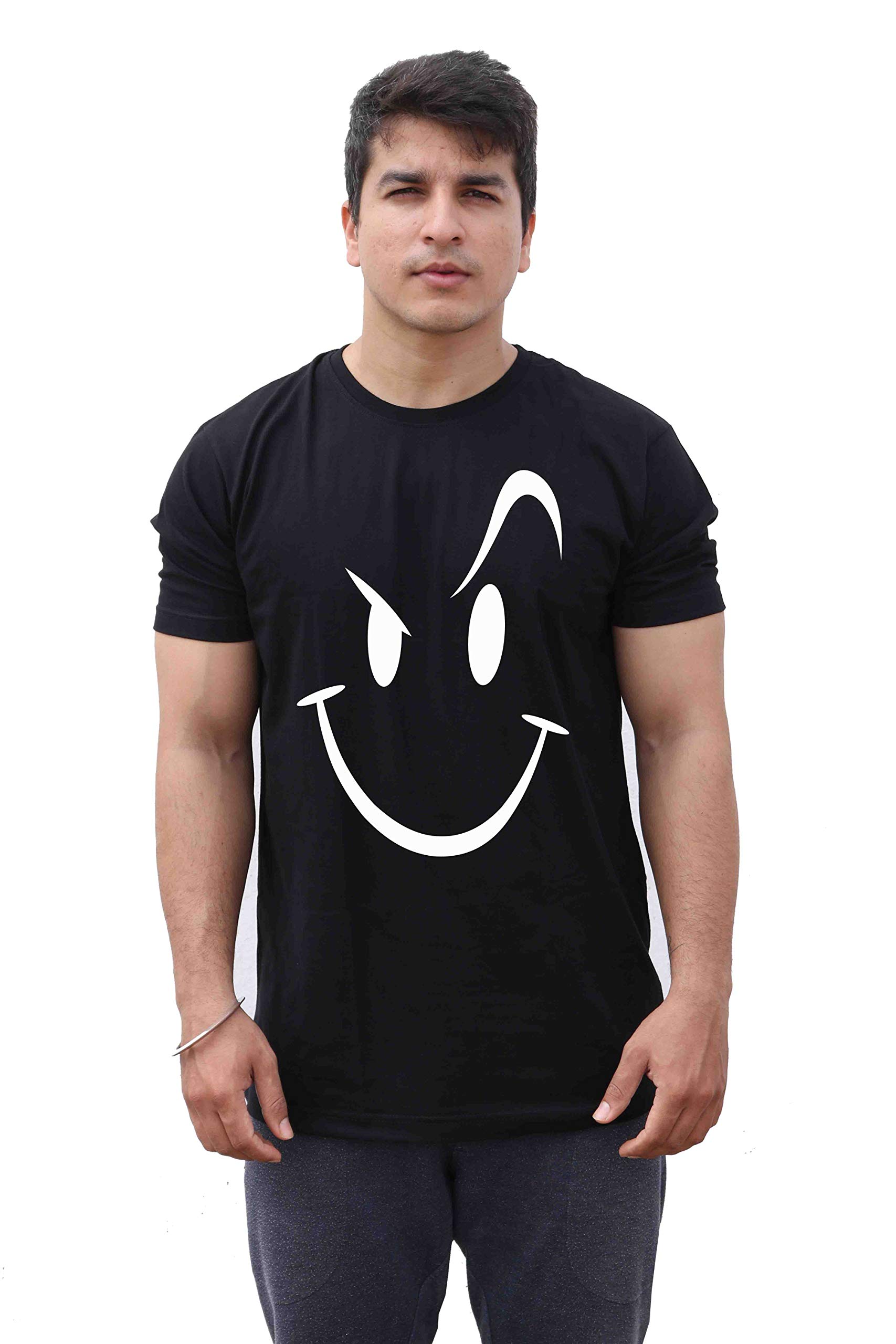 GenericThreadMonk Cotton Men's Smiley Face with Raised Eyebrow Printed Half Sleeves Tshirts Regular Fit (Black, Small)