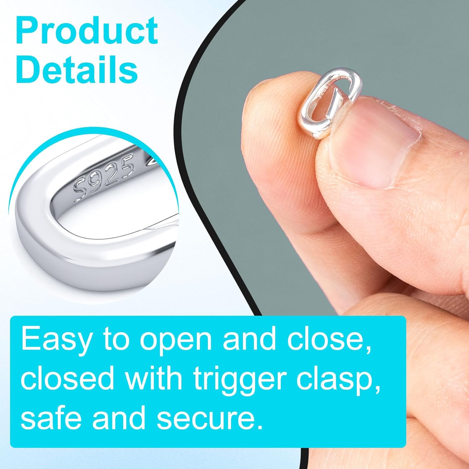2pcs 925 Sterling Silver Oval Necklace Connector, Hypoallergenic Necklace Pendant Clasp for Jewelry Making, Spring Clasp Carabiner for Necklace Bracelet Keychains Purse Handbag Strap Making