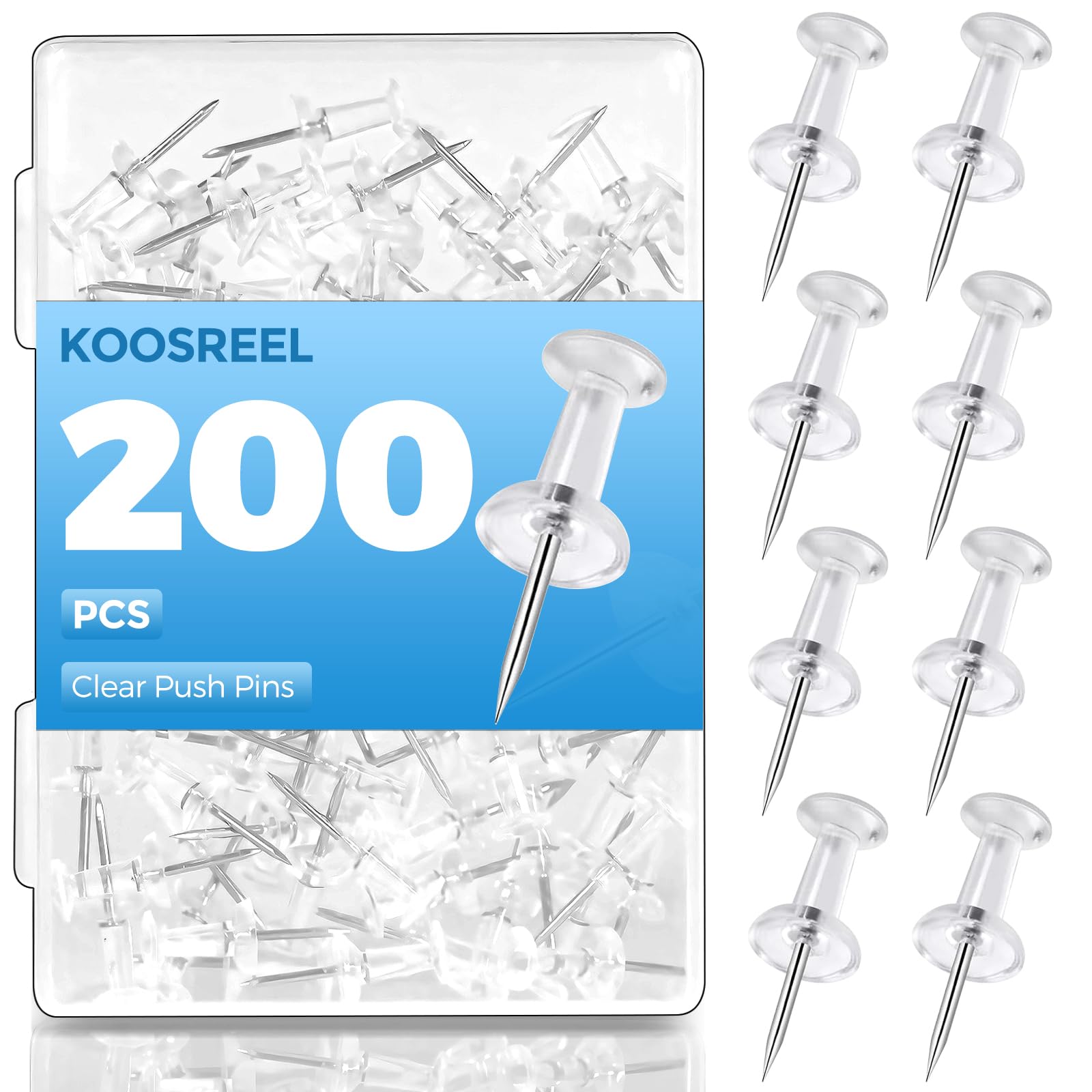Clear Push Pins - 200 PCS Drawing Pins with Storage Box, Pins for Pinboard, Thumb Tacks for Cork, Notice, Pin Board and Bulletin Boards - Map Pin, Clear