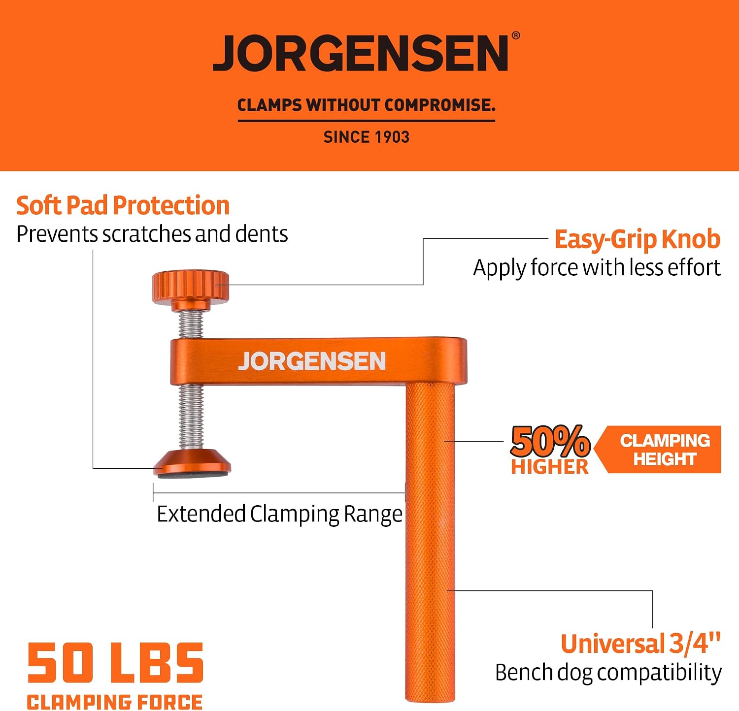 JORGENSEN 2 Pack Bench Dog Clamp, 3/4" (19mm) Dog Hole Clamp, Aluminum Alloy with Soft Non-Scratch Pad, Easy-Grip Knob for Woodworking Workbench