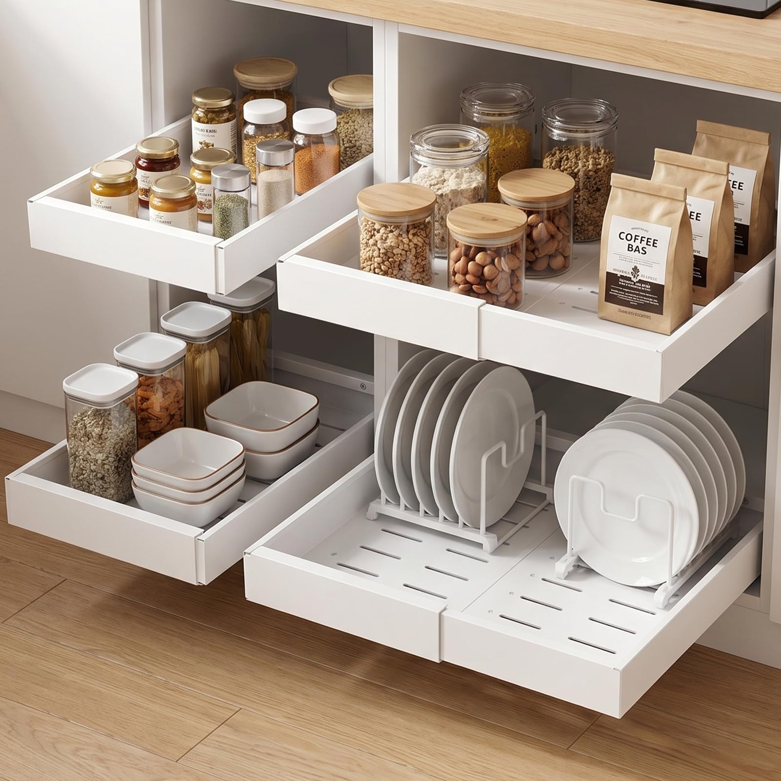 domniu 4 pack pull out cabinet organizers expandable width (12.4''-20.27'') | upgrade 3 slide rails sliding drawer for kitchen cabinet organizer with adhesive nano film, white