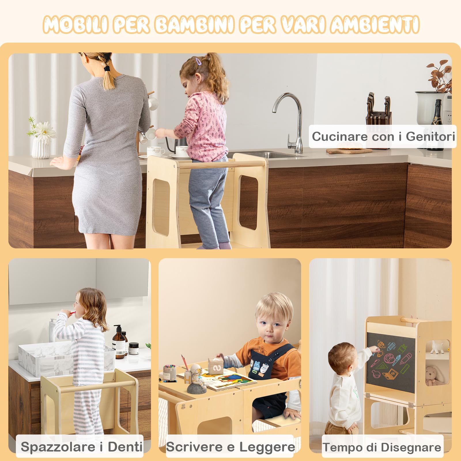 RELAX4LIFE 3 in 1 Torre Montessoriana per Bambini, Torre di Apprendimento Pieghevole, Learning Tower con Lavagna, Convertibile in Tavolo+Sedia per Bambini 3+ Anni