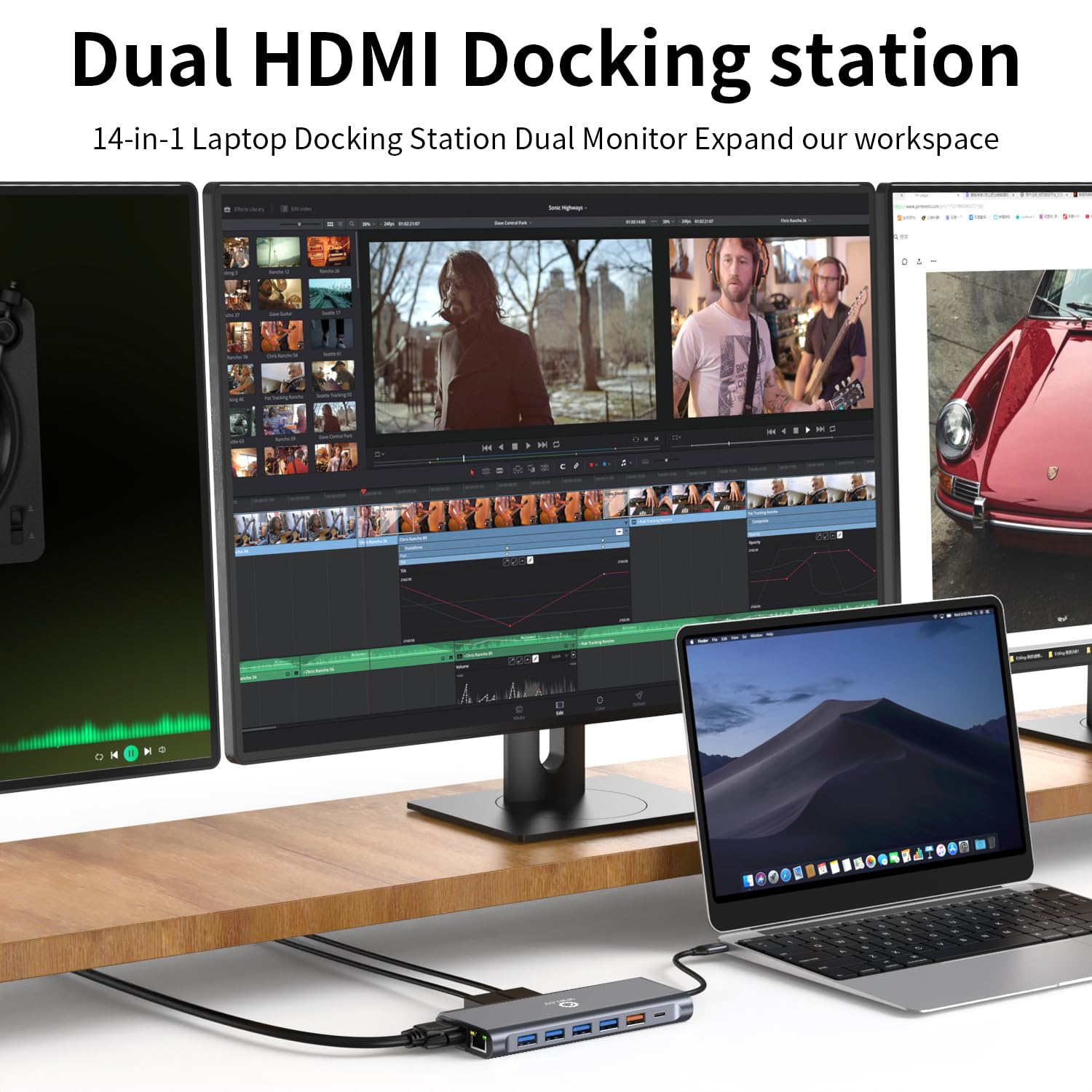 Stacja dokująca 3 monitory do laptopa HP/Dell / Lenovo / MacBook, potrójny wyświetlacz z podwójnym HDMI 4K, VGA, koncentrator USB C 14 w 1, stacja dokująca z USB 10 Gb/s, PD, Ethernet, SD/TF, audio