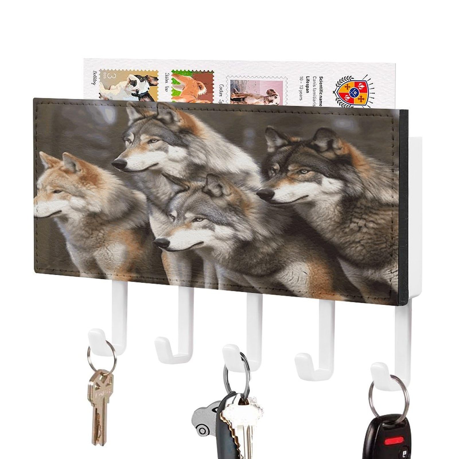 MUSM Different Colored Wolves Key Holder for Wall,Mail Organizer Wall Mount with 5 Hooks,Easy Installation Key Rack for Home Decor, Hallway, Entryway, Appartment