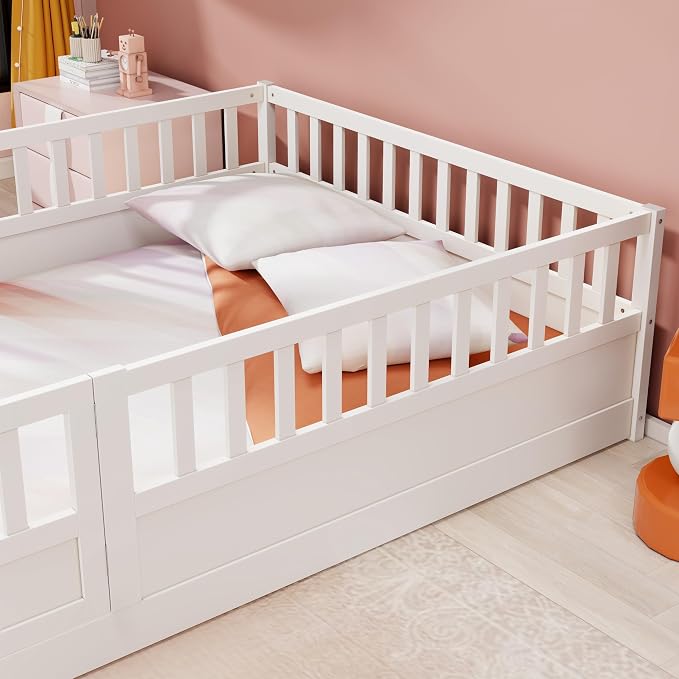 Cama Montessori para niños tamaño completo con barrera de seguridad y puerta miniatura 5