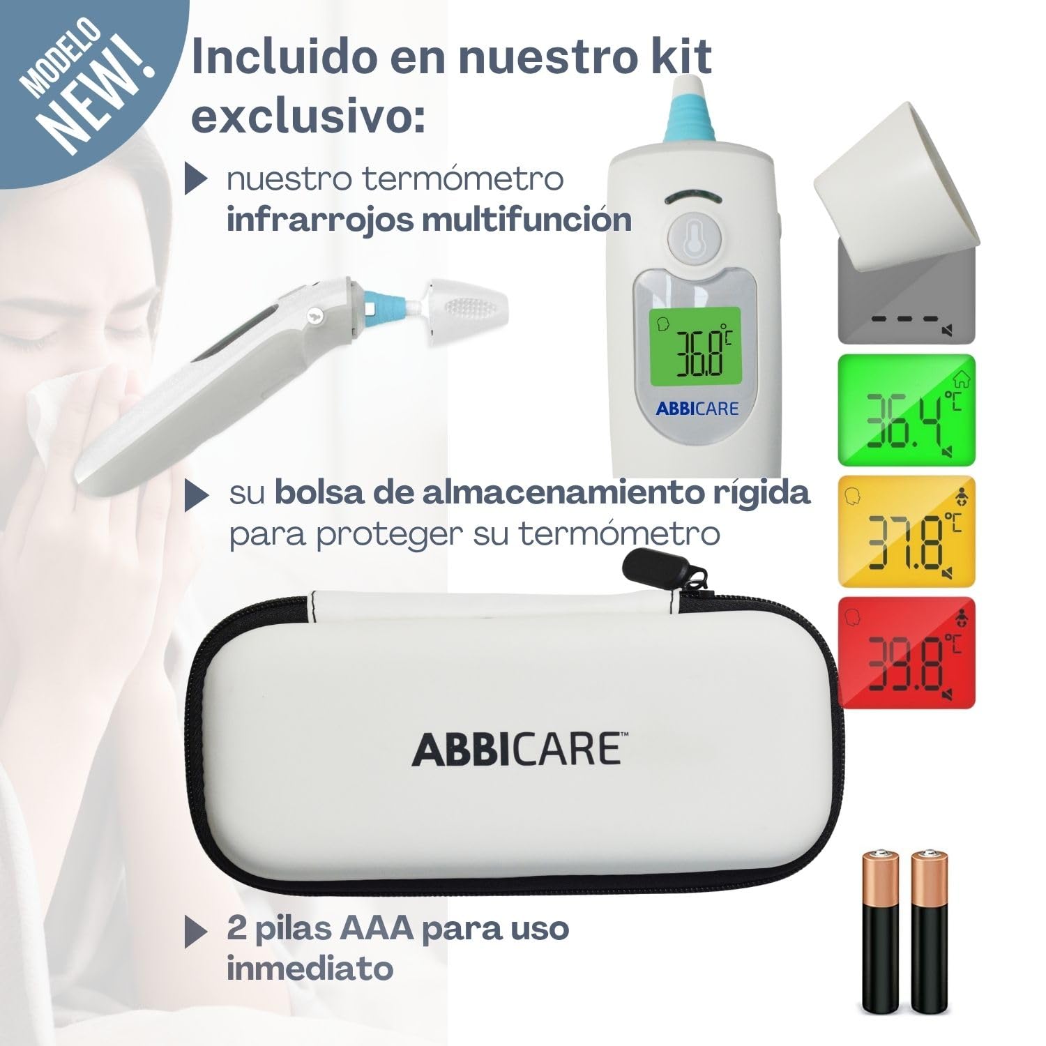 Termometro medico sin contacto ABBICARE™ infrarrojo digital | Frontal y auricular | Niño y adulto – Medición rápida en 1 segundo con estuche – Alta precisión – Uso doméstico y profesional