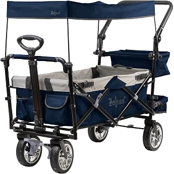 Zelsius Folding Handcart with Roof Blue/Grey Transport Trolley with Belt System Hand Cart Folding Handcart Tool Trolley Folding Handcart Garden Trolley with Sun Canopy Transport Trolley