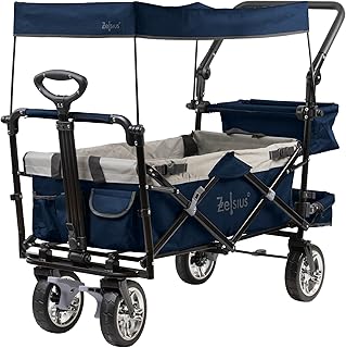 Zelsius Bollerwagen faltbar mit Dach | Blau/Grau | Transportwagen mit Gurtsystem | Handwagen, Klappbollerwagen, Gerätewagen | Faltbollerwagen klappbar, Gartenkarre mit Sonnendach, Transportkarre