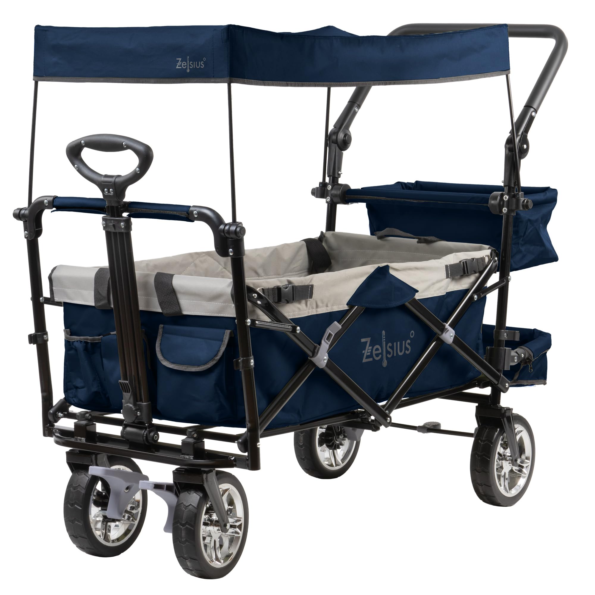 Zelsius Bollerwagen faltbar mit Dach | Blau/Grau | Transportwagen mit Gurtsystem | Handwagen, Klappbollerwagen, Gerätewagen | Faltbollerwagen klappbar, Gartenkarre mit Sonnendach, Transportkarre