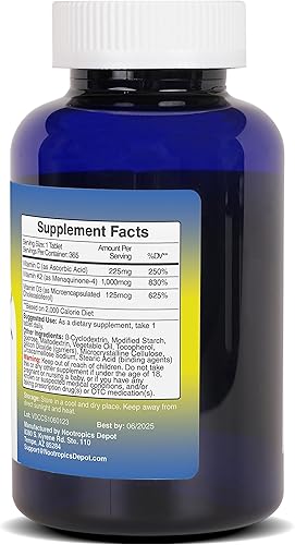 Miniatura 5 de Nootropics Depot Vitamina D3 + K2 con tabletas de vitamina C  365 unidades  Colecalciferol + Menaquinona-4 (MK-4)  Salud del estado de ánimo y los