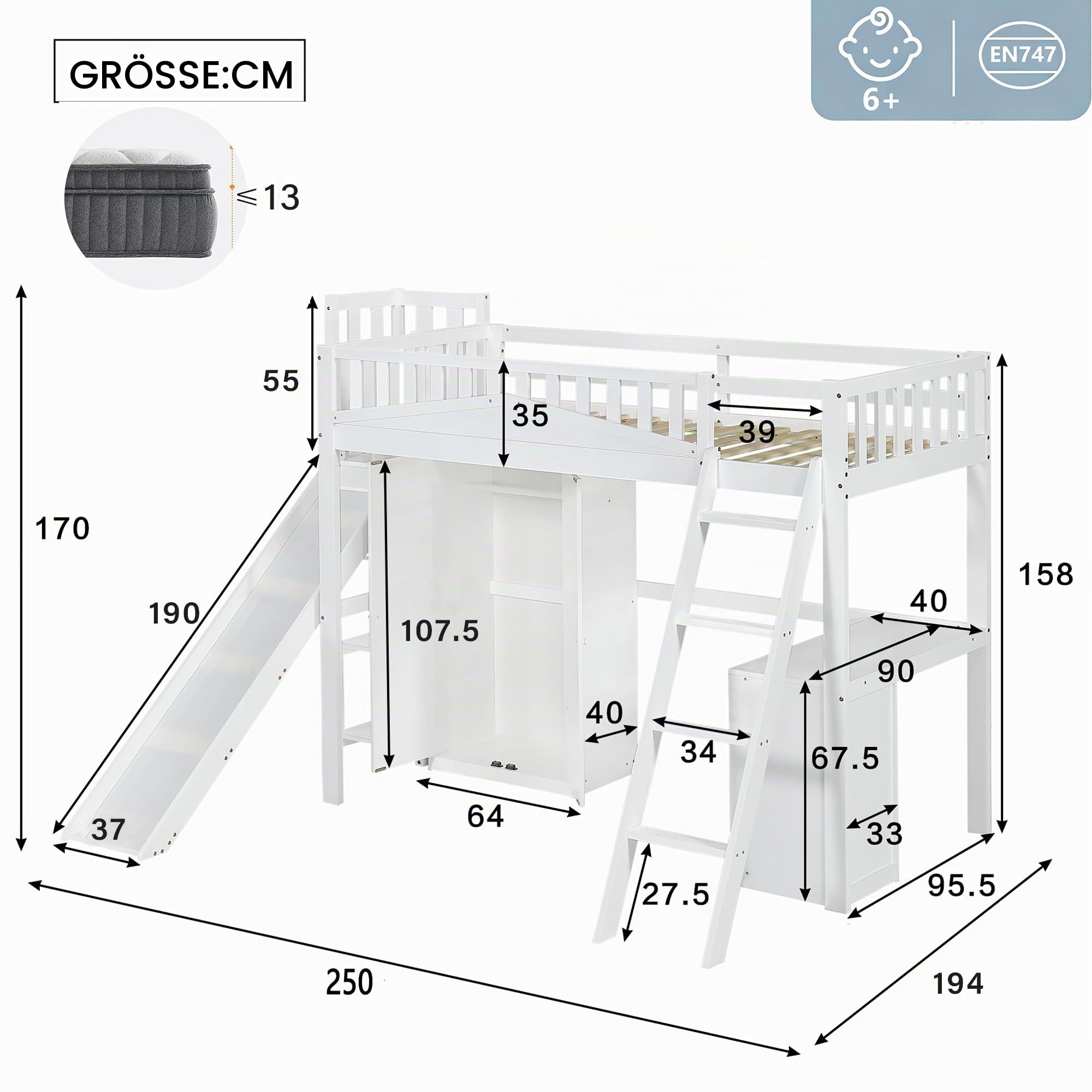 Kinderbett Etagenbett 90x200, Hochbett Hausbett mit Rutsche,Leiter,Kleiderschrank,Schreibtisch,Regale, Einzelbett Holzbett Spielbett Jugendbett mit Lattenrost&Rausfallschutz, Kiefer,Ohne Matratze,