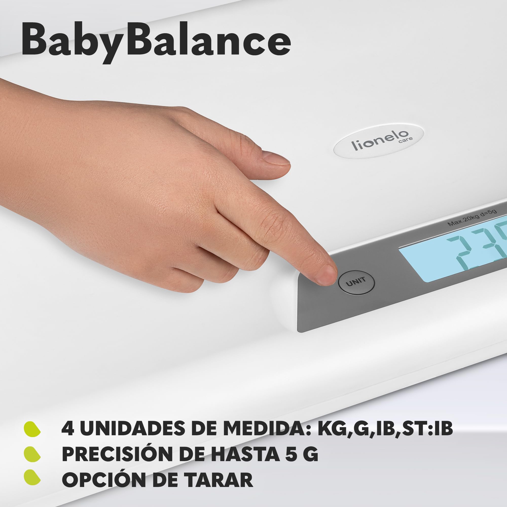 LIONELO BABYBALANCE Báscula electrónica para bebés, báscula infantil de hasta 20 kg, pantalla grande, función de tarea, memoria para la última medición, pesaje preciso en incrementos de 5 g
