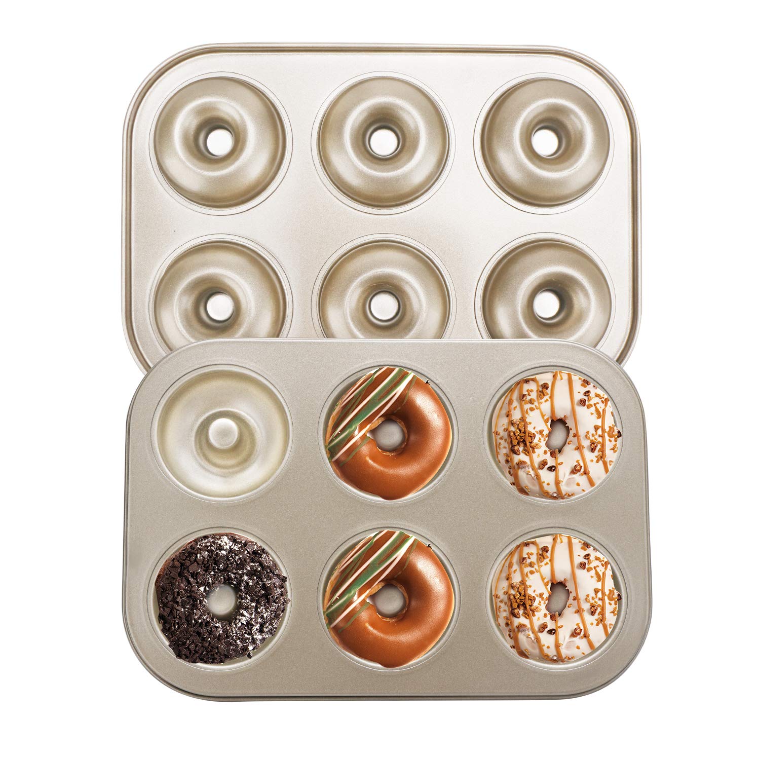Beasea - Juego de 2 moldes antiadherentes para hornear de 6 cavidades, para hacer donas, para hacer donas, para donas, de acero al carbono para donas, panecillos, horno y lavavajillas