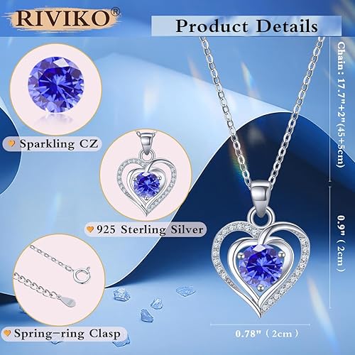 Vista 4 de RIVIKO - Collar con dije de piedra natal de corazón para mujer, plata de ley 925 y circonita, collares de Navidad, San Valentín, día de la madre