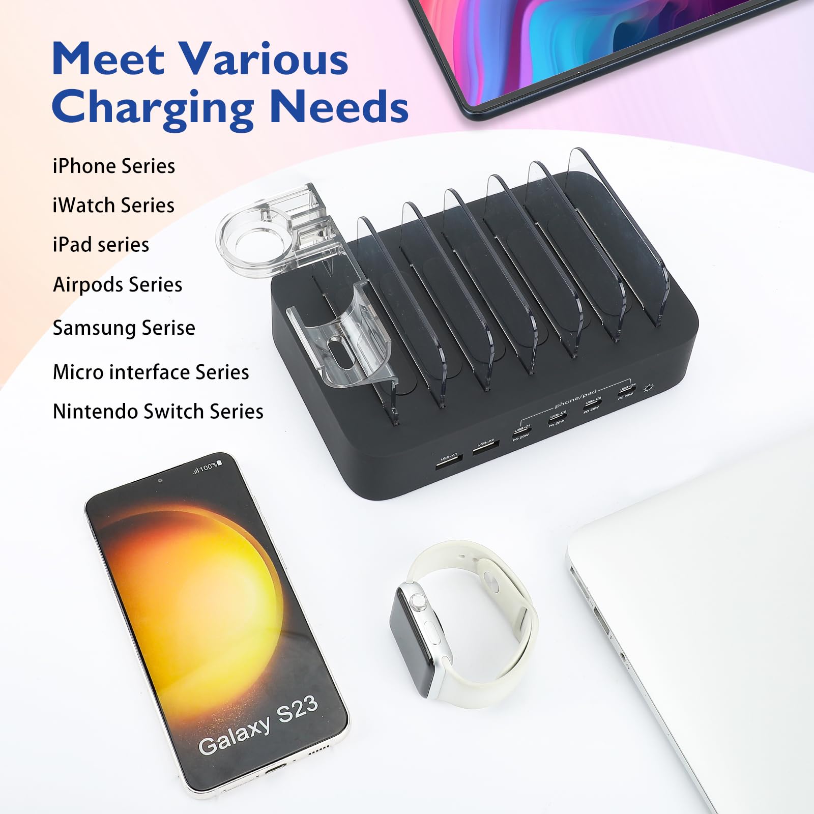 Stazione di ricarica USB C per dispositivi Apple, CHARGEKNIGHT 100 W 4 PD e 2 USB caricabatterie familiare per più dispositivi Apple iPad, iPhone 15/14/13/12/11 iPad e Android Phone e tablet, stazione