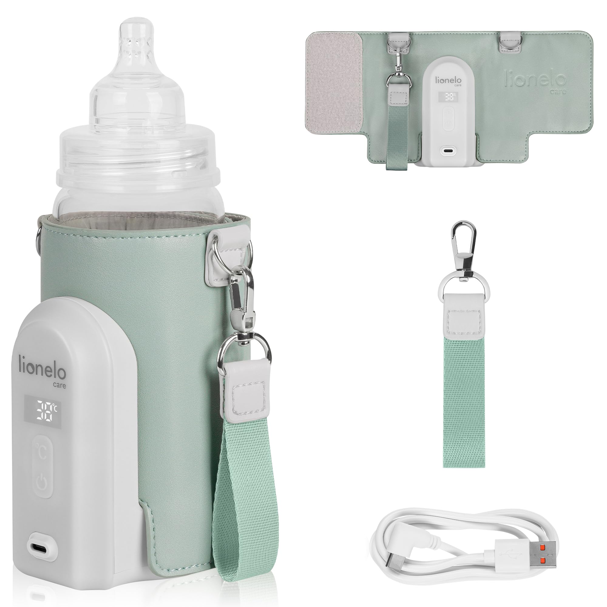 LIONELO Thermup Go Evo Scaldalatte Portatile per biberon per Neonati, Mantiene Liquidi caldi, 5 Temperature operative da 38 a 50°C Ricarica USB-C, Fino a 9 Ore di Funzionamento (Salvia Verde, EVO)