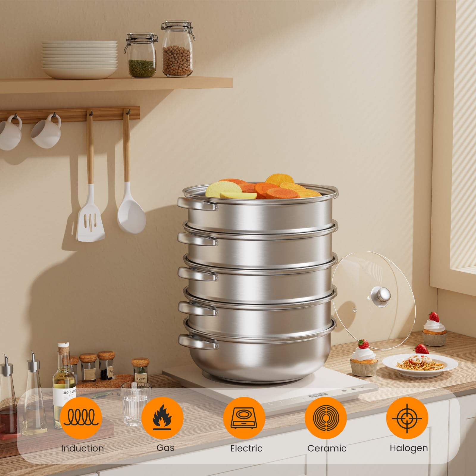 Cuiseur vapeur pour la cuisson – Cuiseur vapeur en acier inoxydable de 28 cm avec insert vapeur, batterie de cuisine 3/4/5 étages avec couvercle pour cuire des légumes, des fruits de mer, des soupes