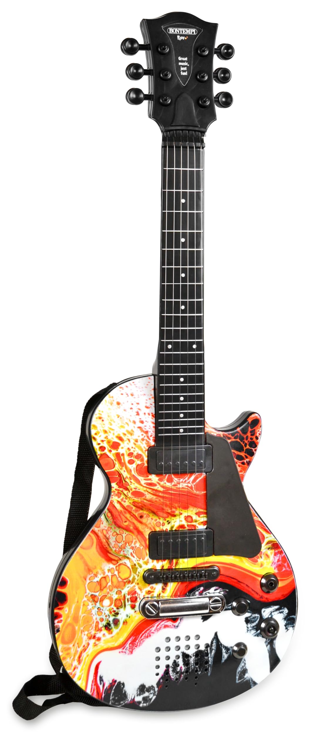 BONTEMPI - Chitarra Rock Elettronica con 6 Corde di Metallo 5 Demo Rock 3 Stacchi Musicali 5 Ritmi Spegnimento Automatico Cinghia Tracolla Presa Microfono 560mm