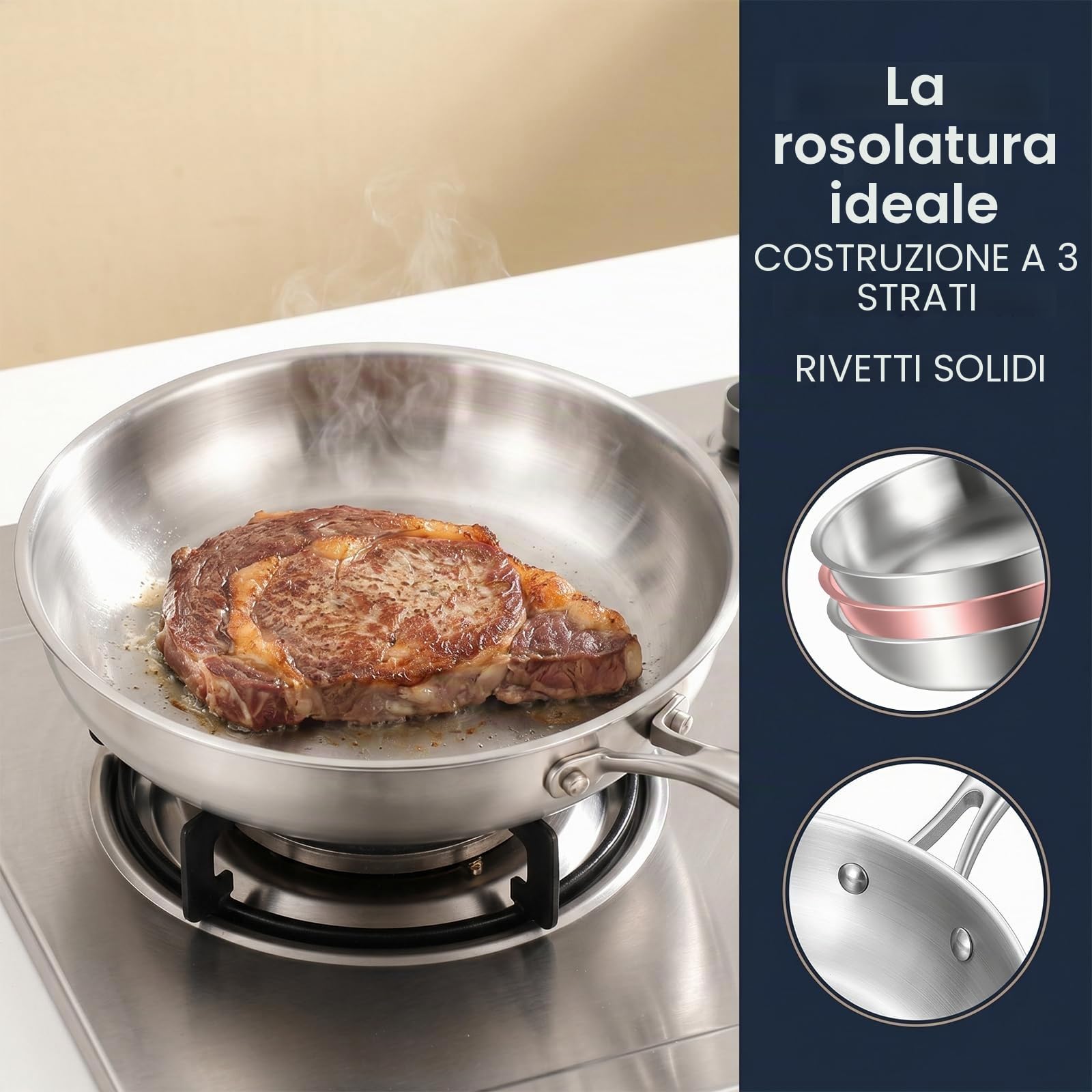 Padella in acciaio inox, 30 cm, a triplo strato, in acciaio inox, a induzione, universale, adatta per tutti i tipi di piatti, forno e lavastoviglie