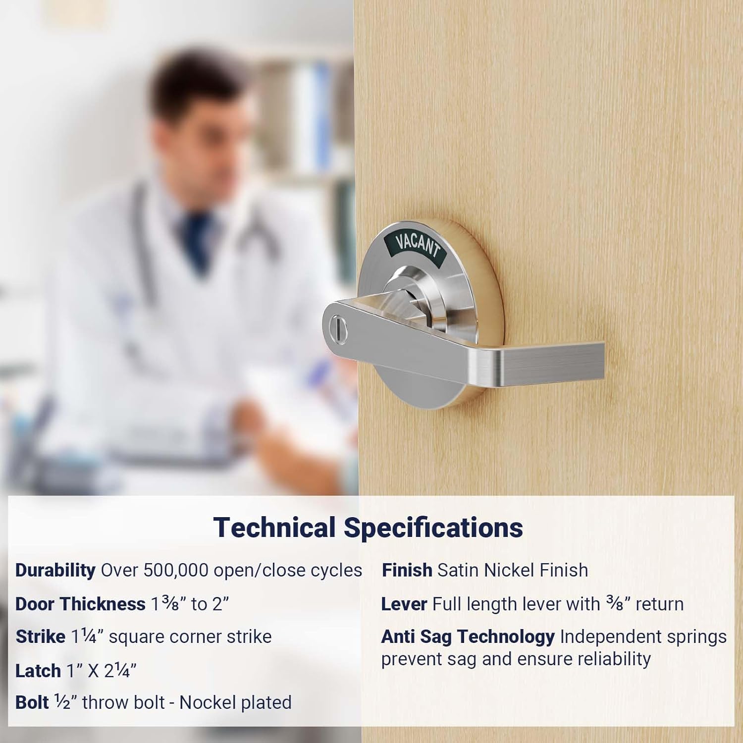 Large Commercial Bathroom Door Handle, Occupied Door Handle for ANSI 2, Heavy Duty Vacant Occupied Bathroom Lock with Indicator for Privacy Office, Restaurant, Restroom (Satin Chrome)