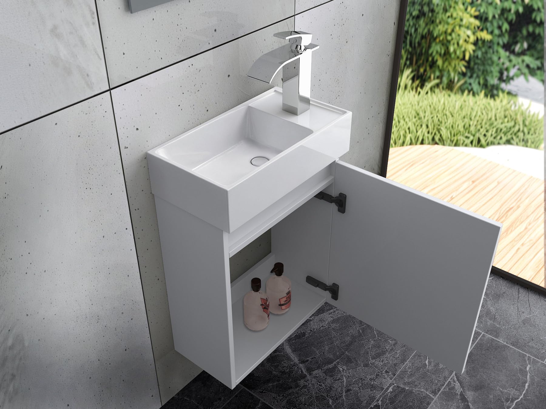 Faizee Home Badmöbel Set Weiß – Waschbeckenunterschrank mit Keramik Waschbecken & Armatur – Kompakter Badezimmerschrank Badschrank ohne Spiegel für Gäste WC & kleine Bäder