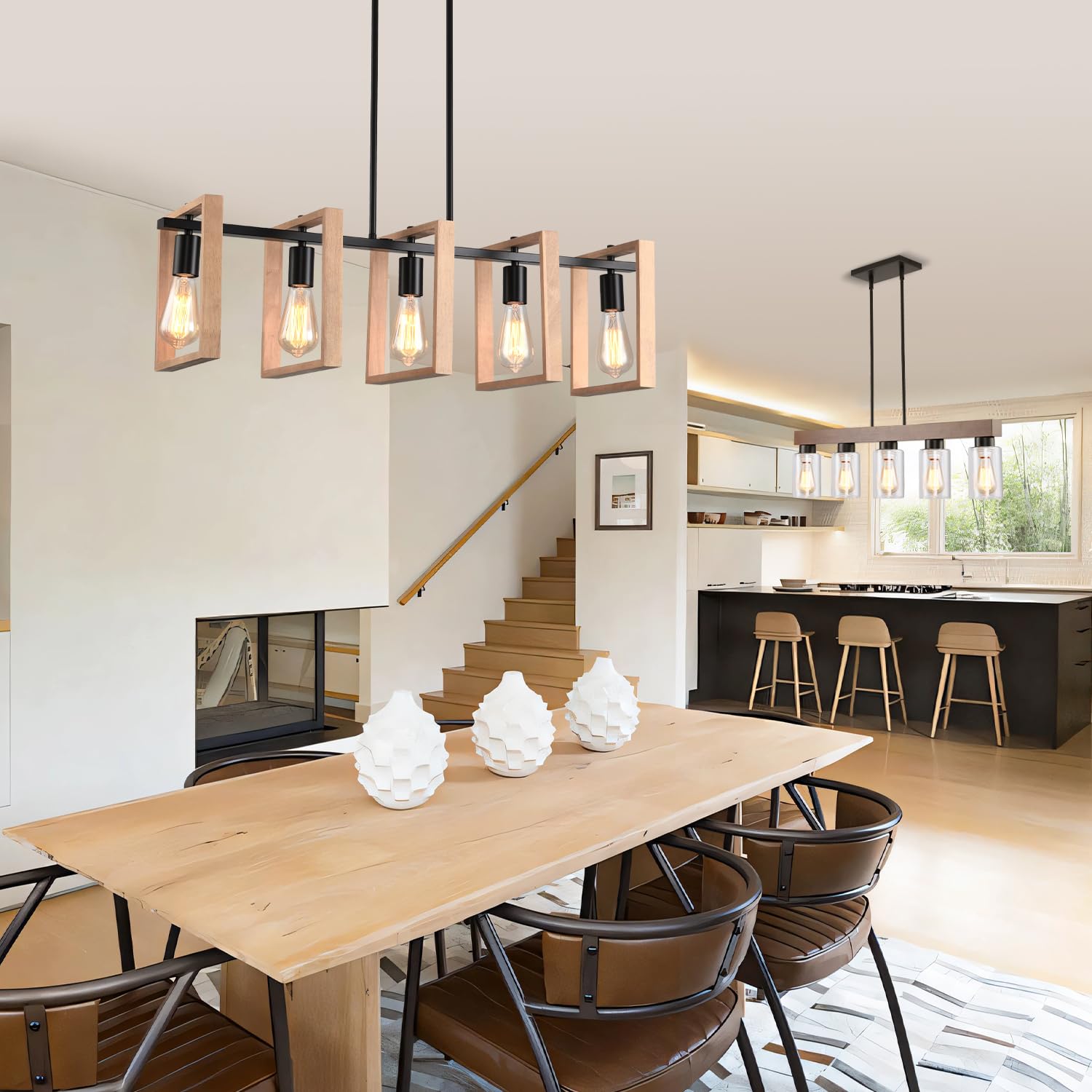 Modern Farmhouse Kitchen Island Pendant Light – Matte Black & Rustic Wood, 5-Light Linear Chandelier With Adjustable Height, Dimmable