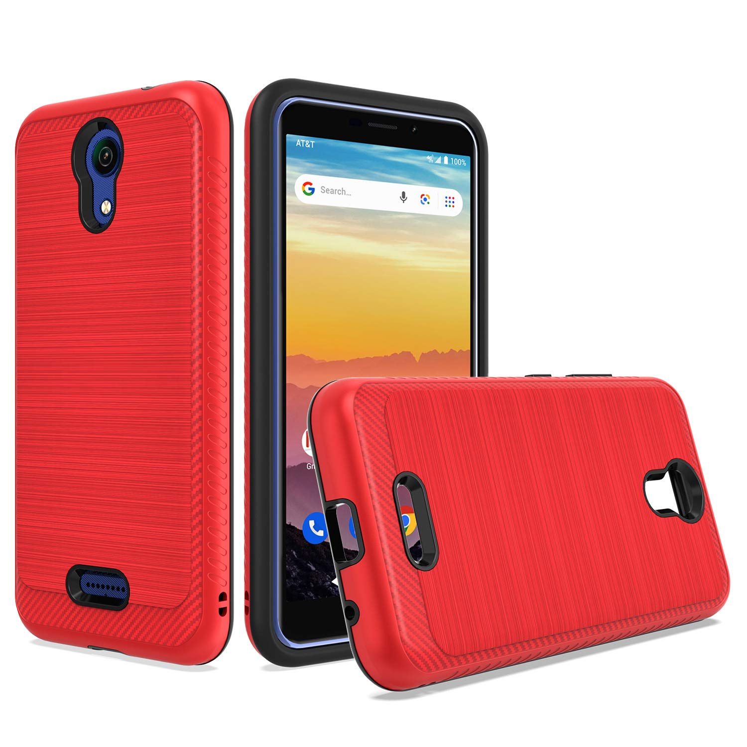 for AT&T Fusion Z (V340U) / Motivate (V341U) Lining Brush Hybrid Cover Phone Case + Tempered Glass + Extreme Band + Stylus Pen + Pry Tool (Red)