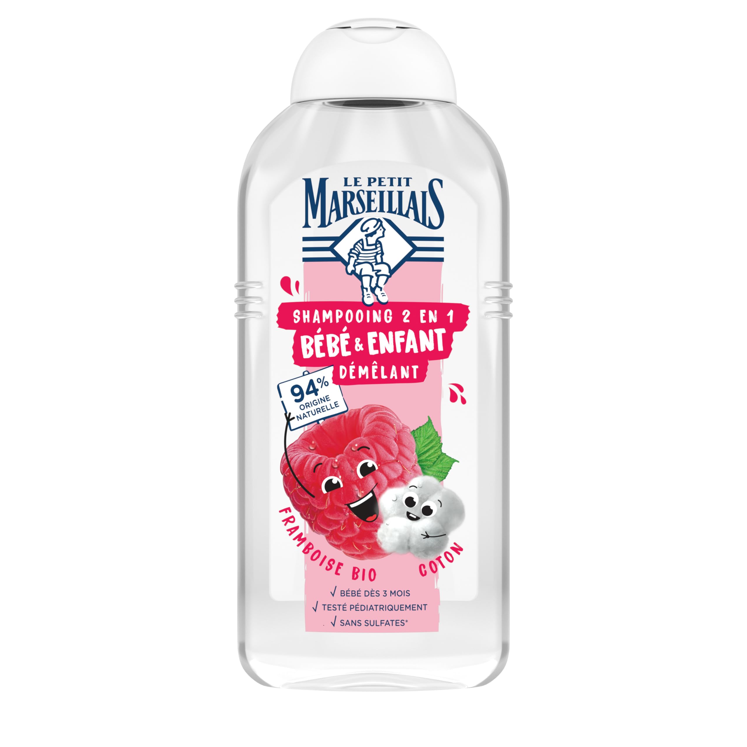 Le Pe Marseillais | 2-in-1-Shampoo für Babys & Kinder, zum Entwirren, Himbeere, Bio & Baumwolle (300 ml)