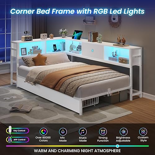 Miniatura 4 de DICTAC Marco de cama de esquina individual con almacenamiento de estantería y luces LED, marcos de cama de plataforma de metal de tamaño individual