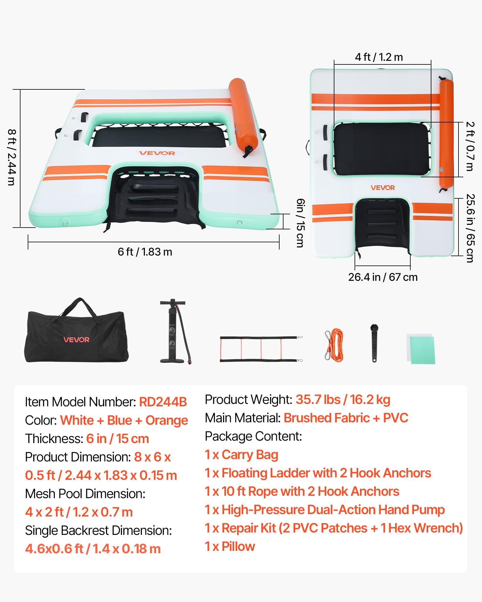 VEVOR Aufblasbares Schwimmdock, 2,44 x 1,83 m, Schwimmplattform mit Rutschfester Oberfläche, Tragetasche & Abnehmbarer Leiter, Schwimmende Insel, Wasserplattform für Pool, Strand & Meer