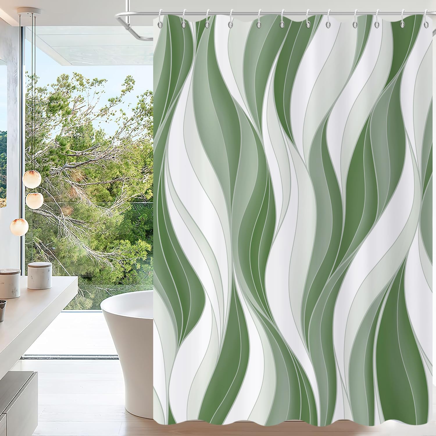 Rideau de douche vert sauge artistique en tissu imperméable avec art minimaliste