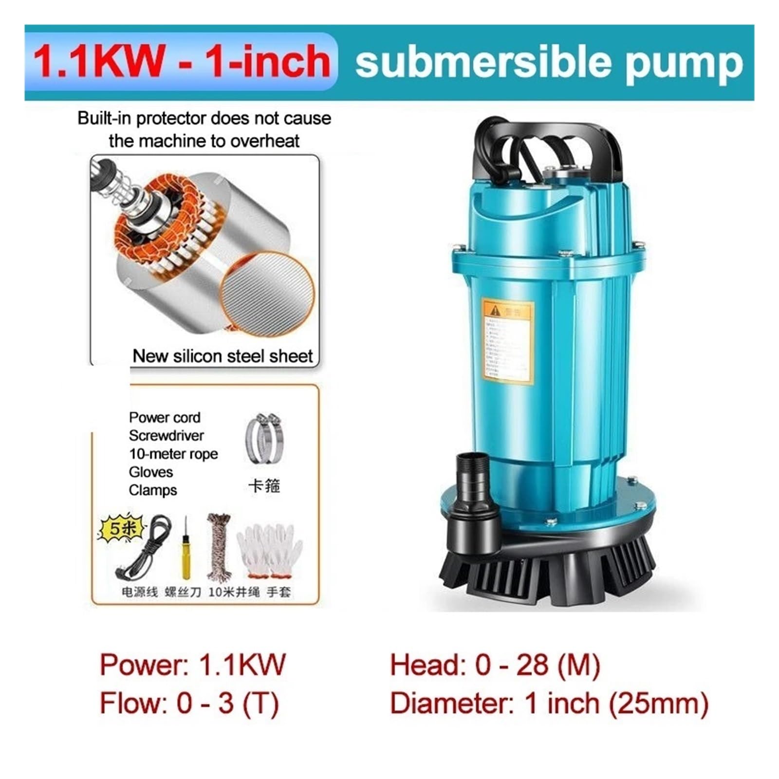 Pompe Submersible 370W-1100W, Pompe À Eau À Haut Débit D'irrigation Agricole, Adaptée Au Pompage D'eau De Jardin, De Ferme Et De Piscine(EU_25SHX1100W)