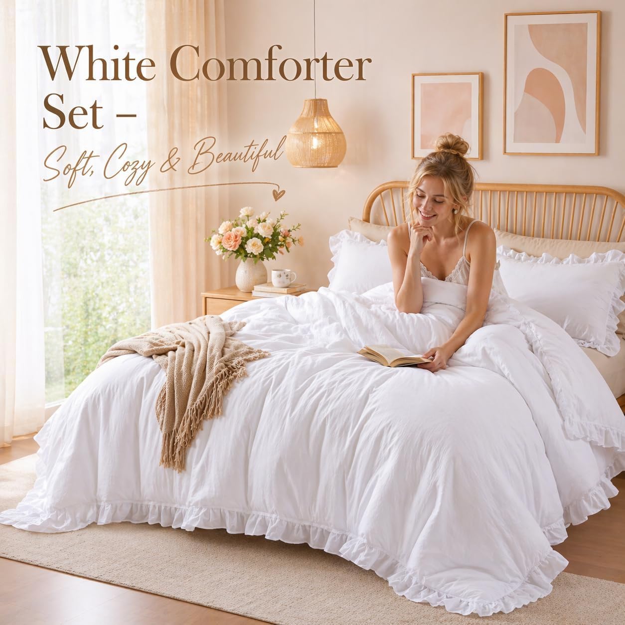 JANZAA White Comforter Set Twin – Soft Microfiber, Lightweight All Season Bedding, Ruffle Shabby Chic Aesthetic, Breathable Cozy Bed Set with 1 Pillow Shams, Machine Washable