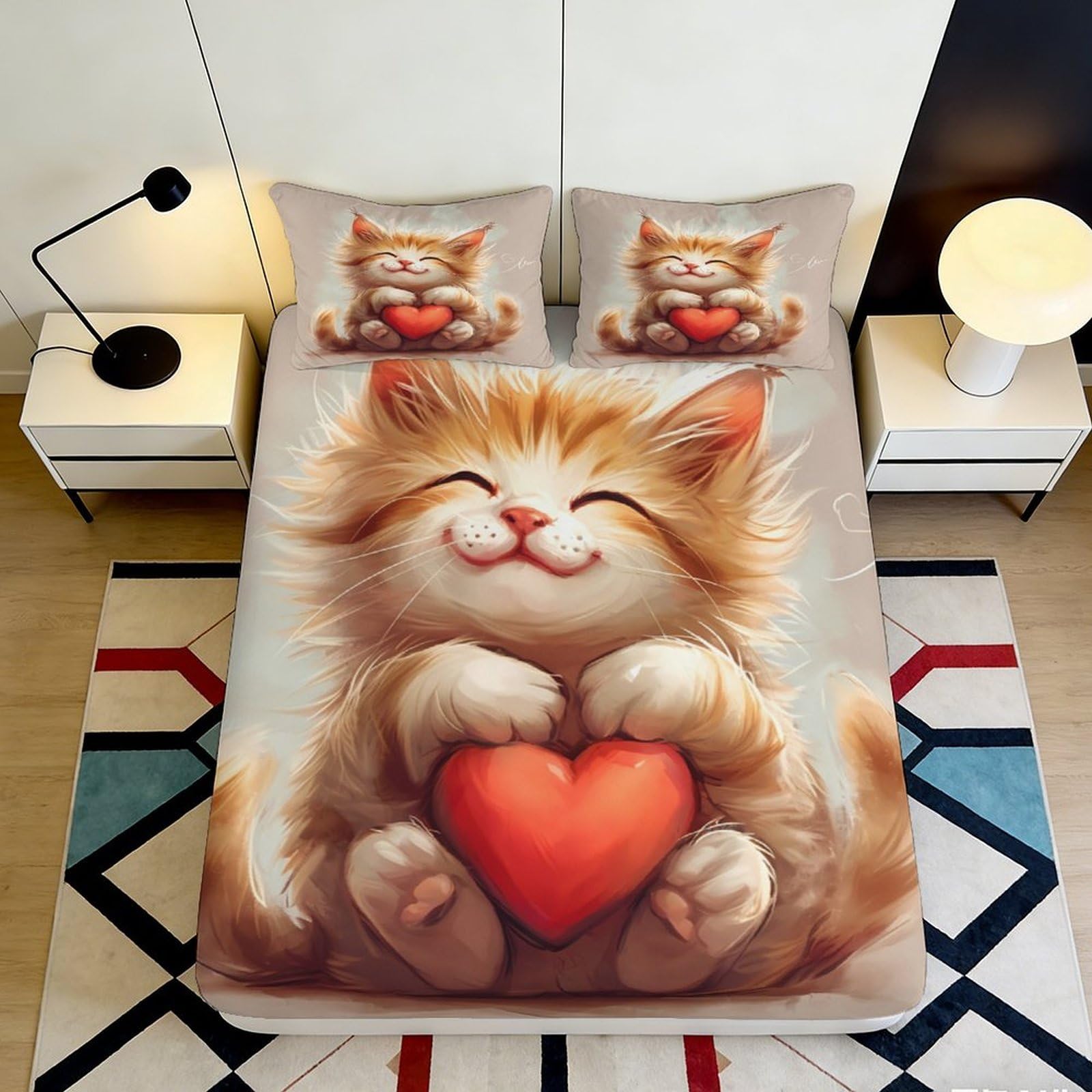 3D Printed Cute Cat Heart Fitted Sheet Microfiber Soft Bedroom Decor Anti-Slip Bed Cover for Adult Teen Guest Room 90x200x25cm