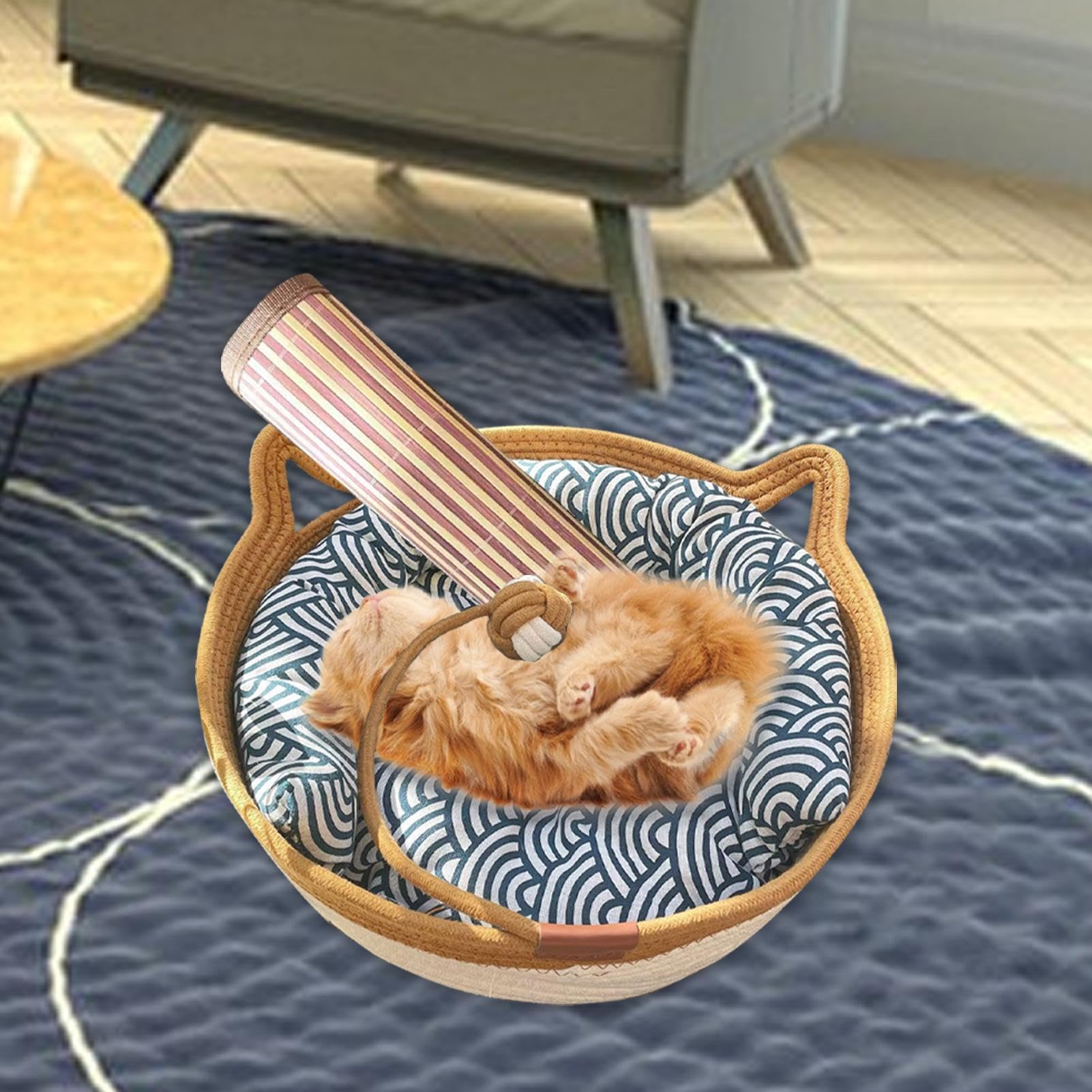 Lit pour Chat en Corde de Coton, Nid de Panier Rafraîchissant | Tapis d'Intérieur en Forme de Chaton Respirable pour Chiot avec Queue de Jouet pour Dormir en Été