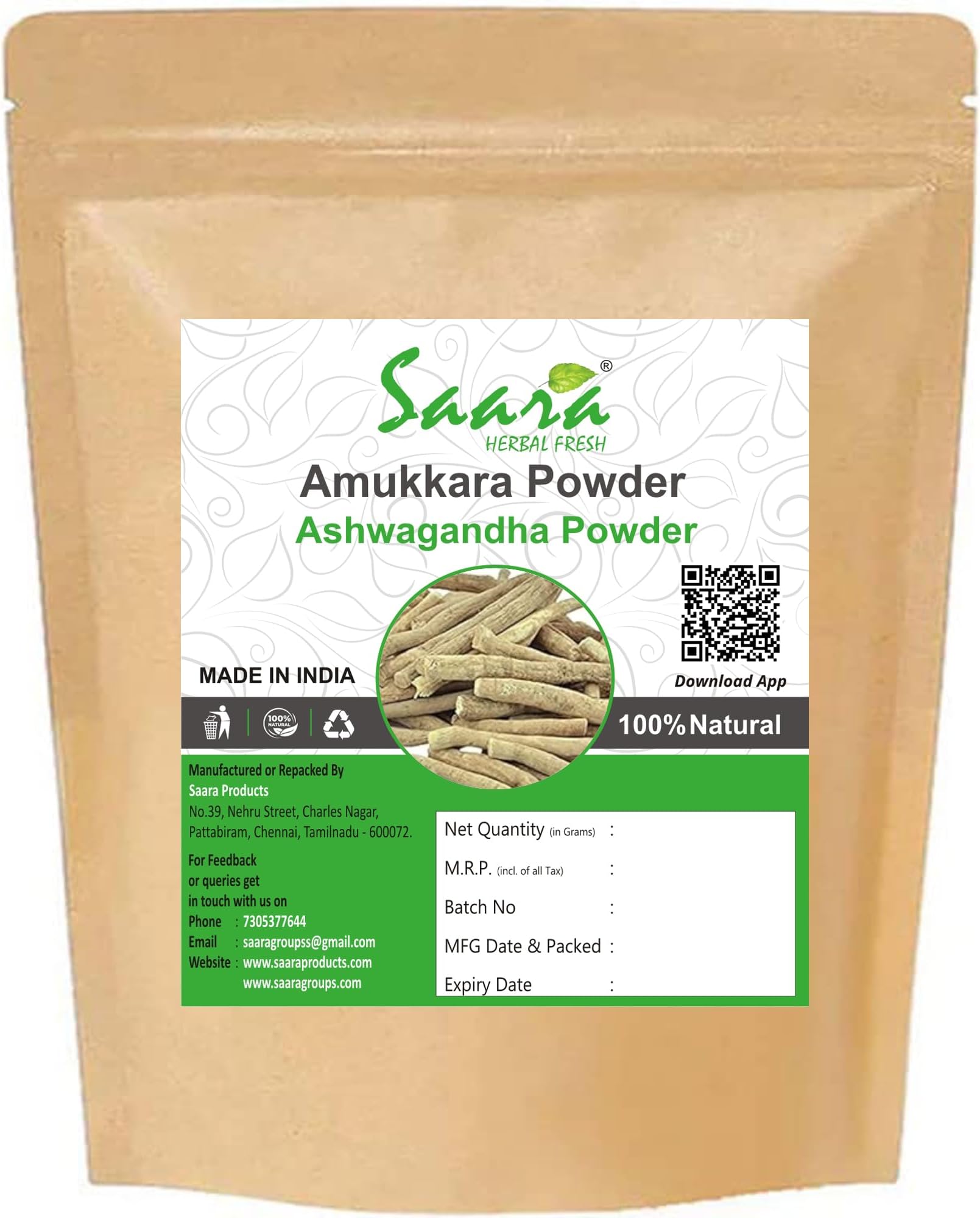 Amukkara Powder, 100g, Ashwagandha Powder, Indian Ginseng, Amukkara Kizhangu Powder (Pack of 1 x 100g)