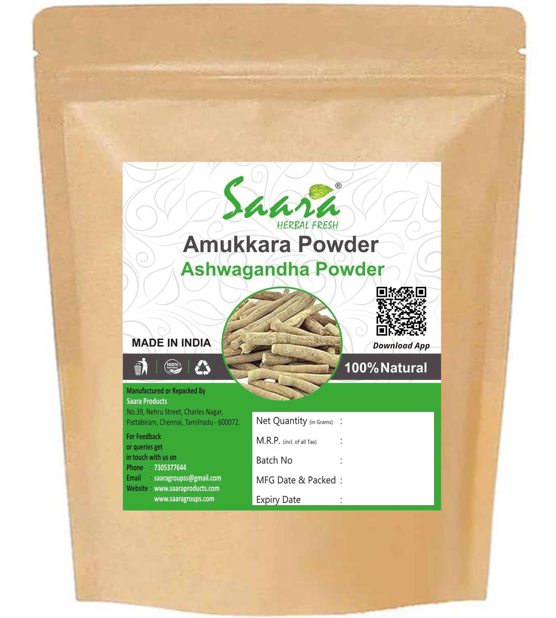 Saara HERBAL FRESH Amukkara Powder, 100g, Ashwagandha Powder, Indian Ginseng, Amukkara Kizhangu Powder (Pack of 1 x 100g)