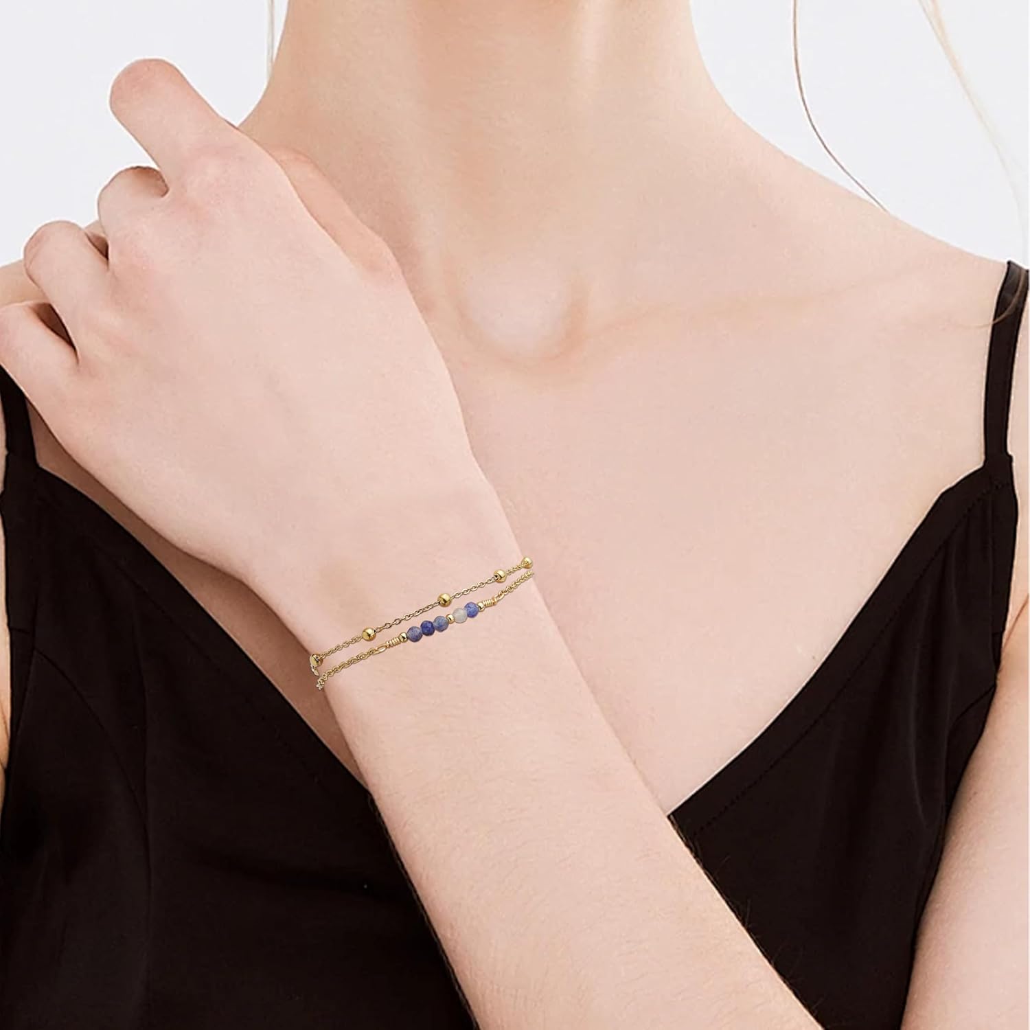 Gold Beaded Layered Chain Bracelets for Women, Dainty Boho Crystal Stone Beads Adjustable Stackable Bracelet Prom Wedding Friendship Jewelry Gift - Image 2