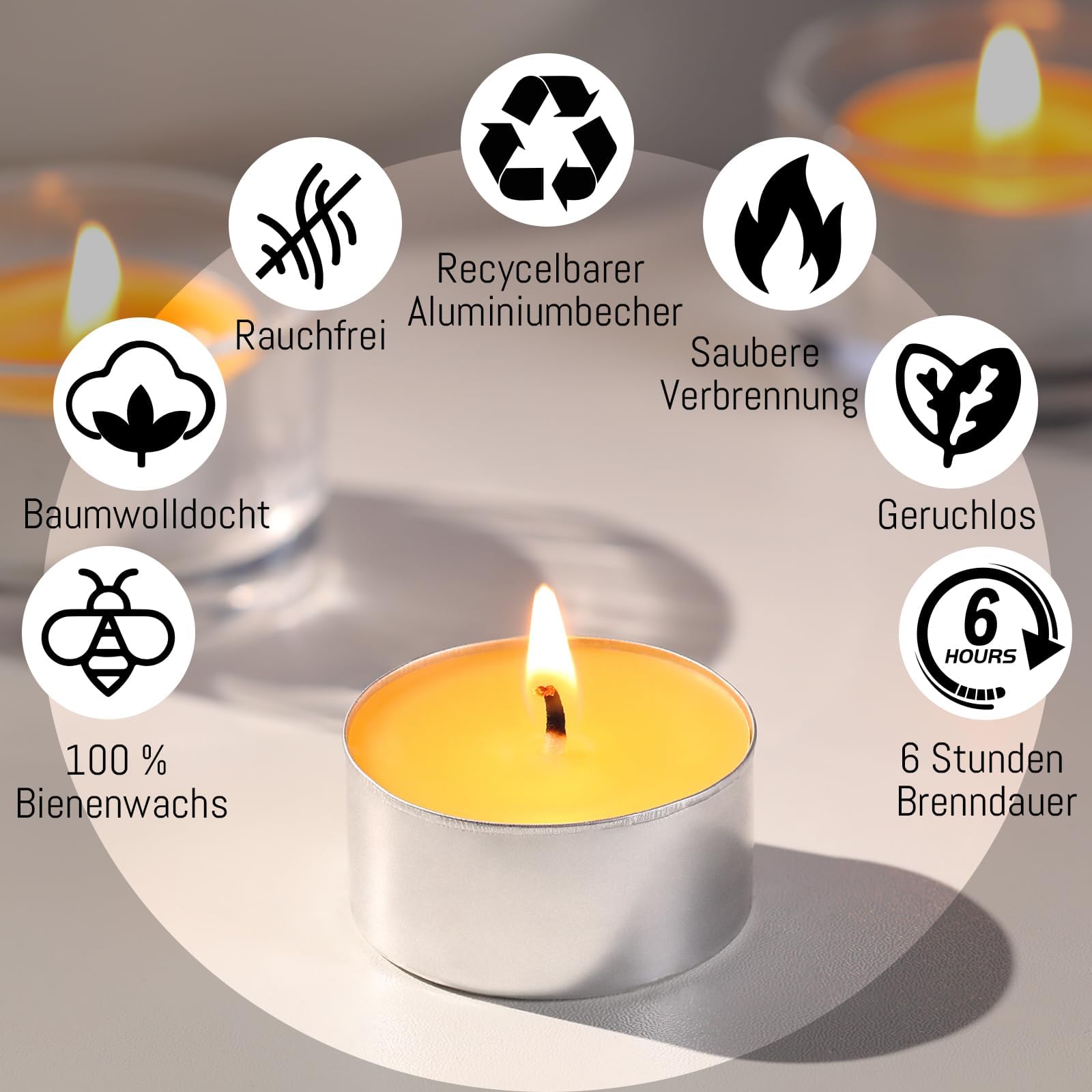 50 lumini in pura cera d'api al 100%, durata 6 ore | Candele in cera d'api naturale, senza paraffina e profumi, per festival, matrimoni, feste e casa